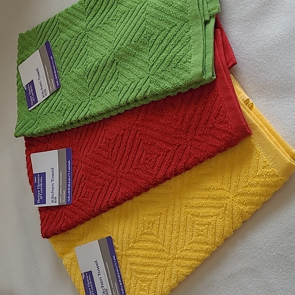 NEW Better Homes & Gardens Kitchen Towel Set 3 Cotton Oversized Red Yellow Green
